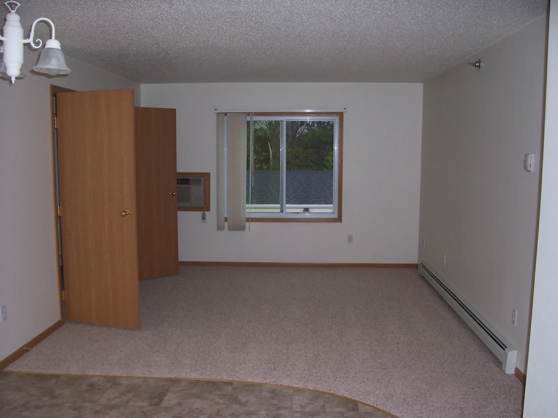 Spacious living room with large window, carpeted floor, and neutral wall colors.