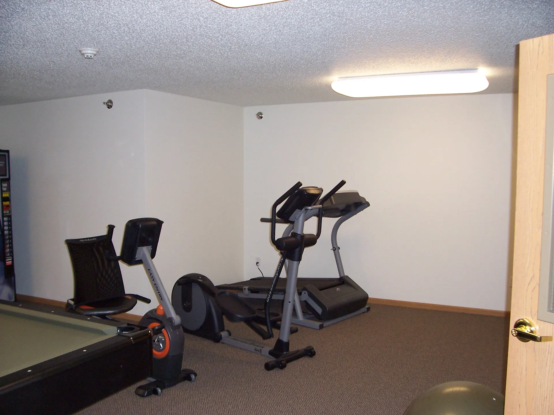 Home gym with treadmill, exercise bike, and elliptical machine.