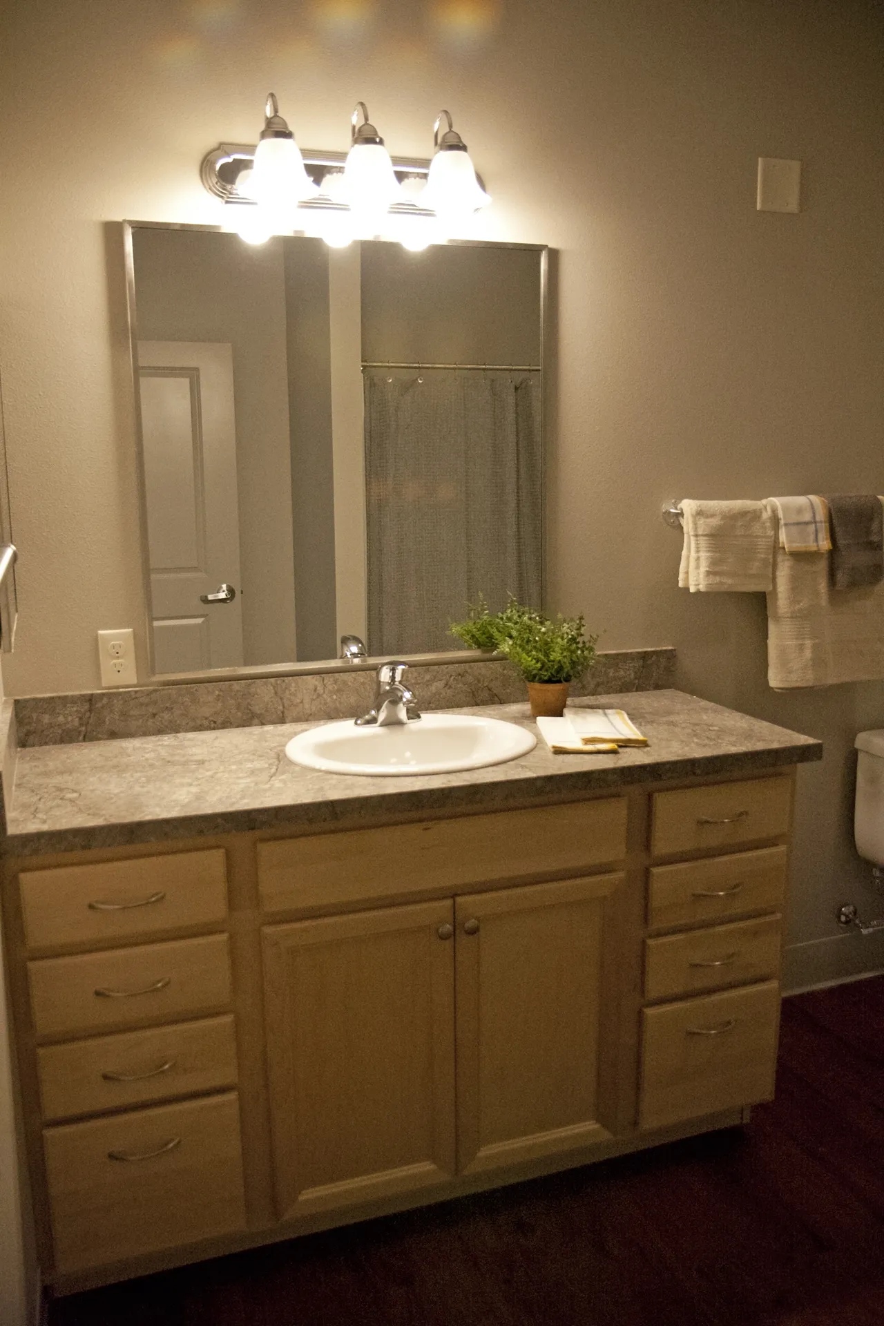 Bathroom vanity with mirror, lighting, and countertop storage.