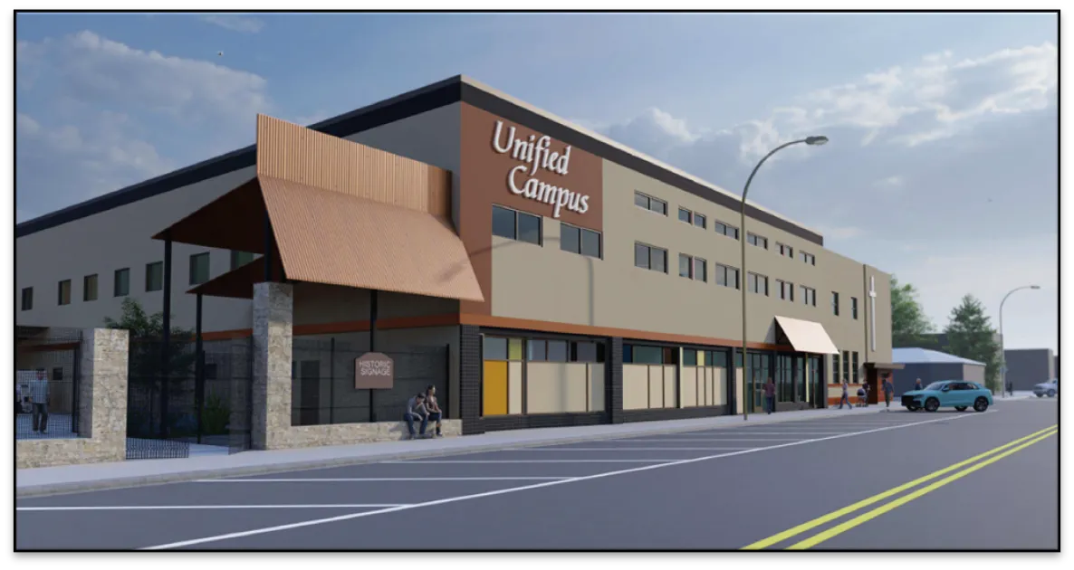 Unified Campus building with retail storefronts and office spaces.