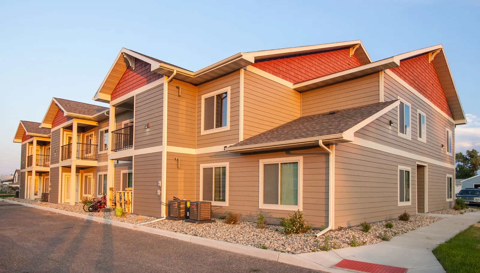New multi-family residential apartments with modern design and vibrant exterior colors.
